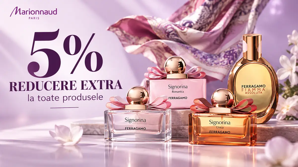 Parfumuri Ferragamo pe fundal lila, cu logo Marionnaud și text 5% reducere extra la toate produsele.