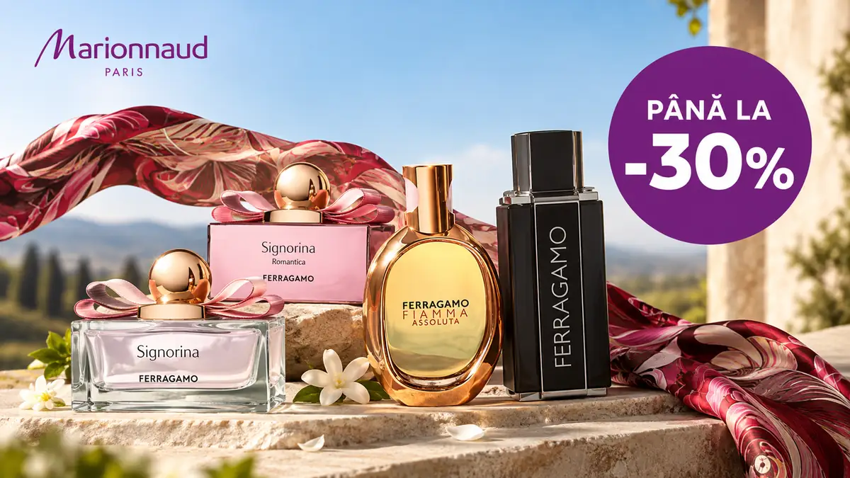 Parfumuri Ferragamo pe trepte de piatră, eșarfă roșie, logo Marionnaud și cerc mov cu reducere până la 30%.