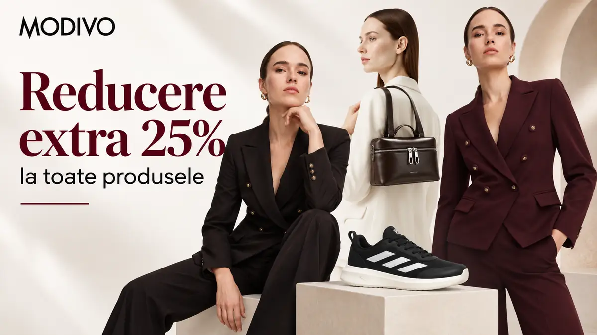 Banner Modivo cu trei ținute elegante, geantă și sneaker negru, promovând 25% reducere extra.