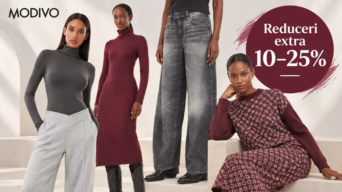 Modele în ținute burgundy și gri, blugi largi, pe fundal crem, cu mesajul „Reduceri extra 10–25%”.