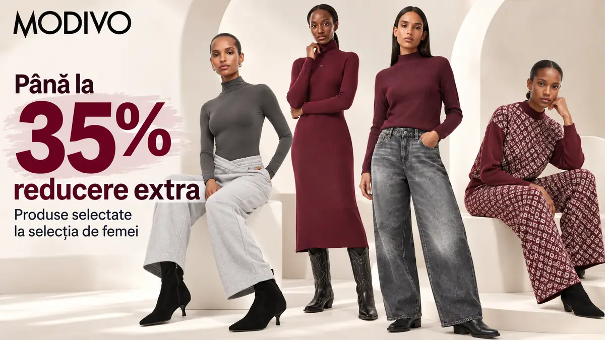 Banner Modivo cu patru ținute de damă și mesajul „Până la 35% reducere extra” pe fundal crem.