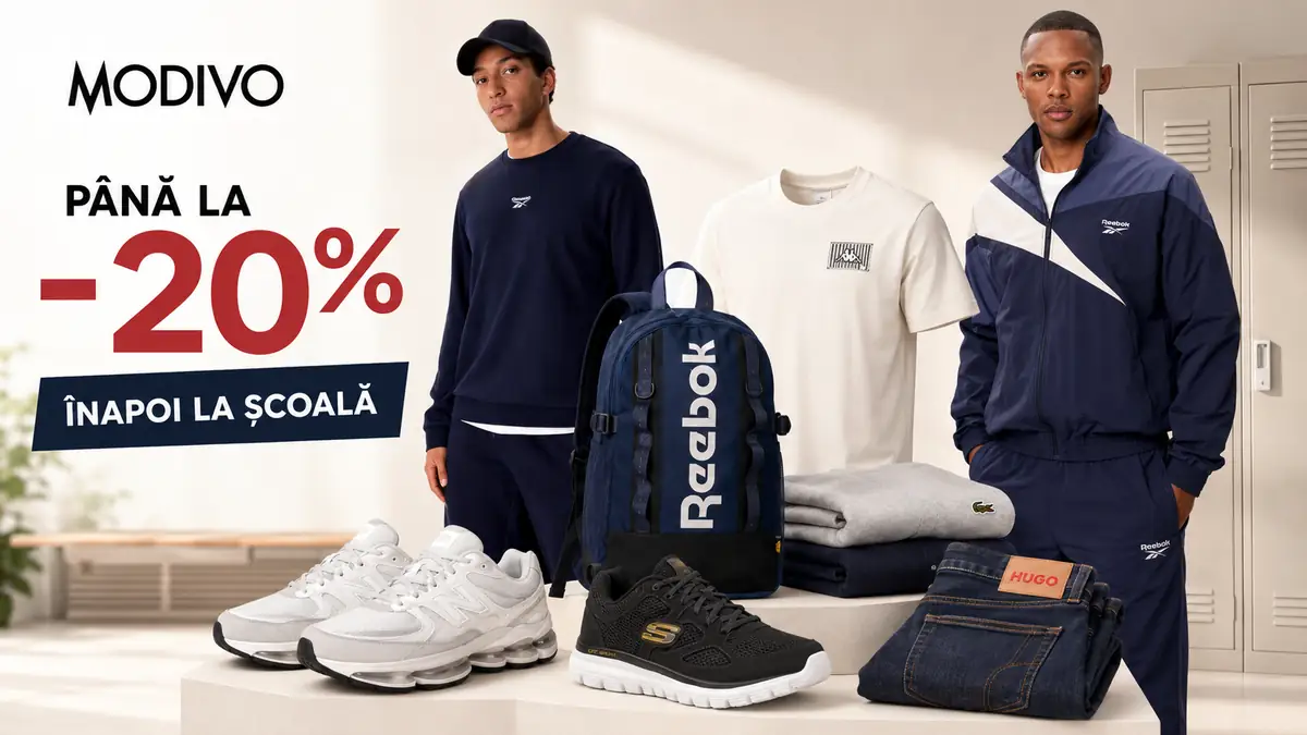 Promoție Modivo Back to School cu până la 20% reducere la haine, pantofi sport și accesorii.