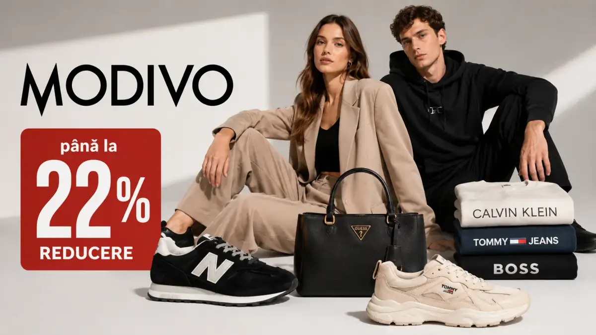 Modivo, până la 22% reducere, cu două modele, pantofi sport, geantă și haine de brand.