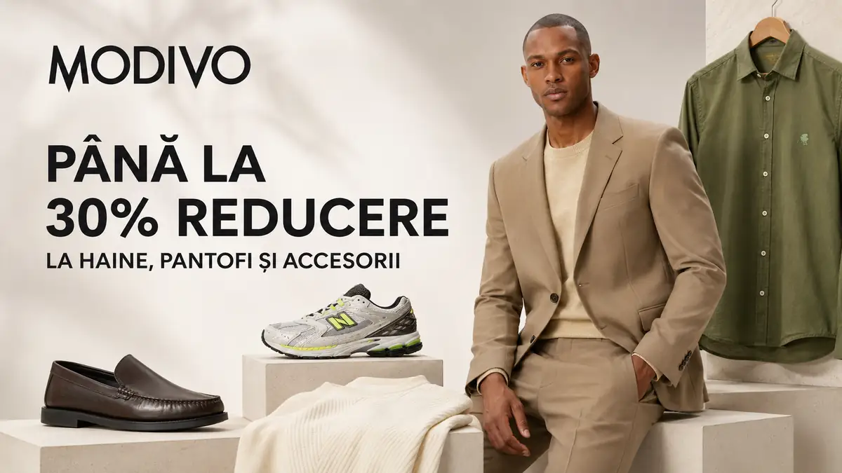 Promoție MODIVO cu până la 30% reducere la haine și pantofi, prezentate într-un decor fashion elegant.