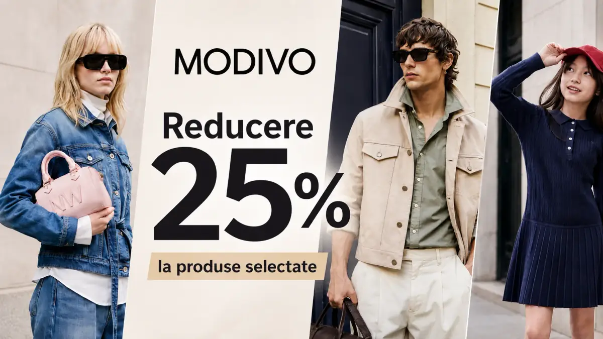 Banner MODIVO cu femeie, bărbat și copil în ținute moderne și mesajul „Reducere 25% la produse selectate”.