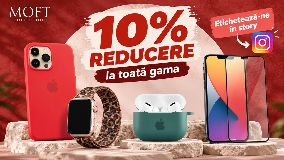 Banner Moft Collection cu 10% reducere, husă roșie, curea Apple Watch, husă AirPods și folie de protecție.