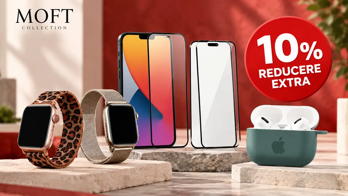 Accesorii pentru telefon, două curele de ceas și căști, alături de mesajul „10% reducere extra”.