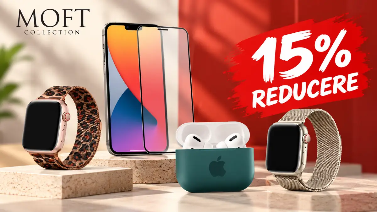 Accesorii Moft Collection: două ceasuri, folie de protecție și căști, alături de mesajul 15% reducere.