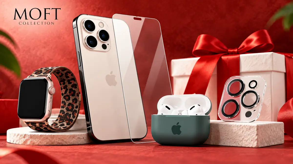 Telefon cu folie de sticlă, Apple Watch, căști AirPods și protecție pentru cameră, alături de un cadou.
