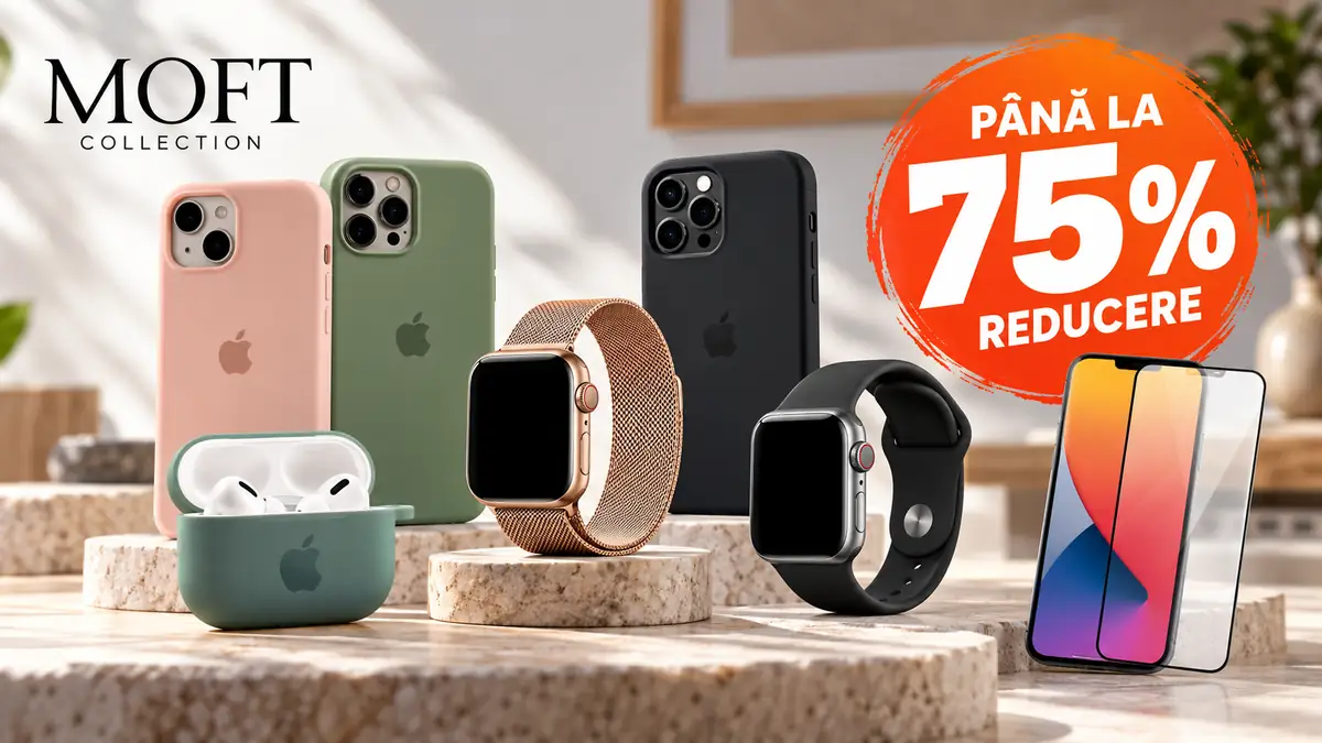 Huse iPhone, curele Apple Watch, husă AirPods și folie de protecție, cu mesaj „Până la 75% reducere”.