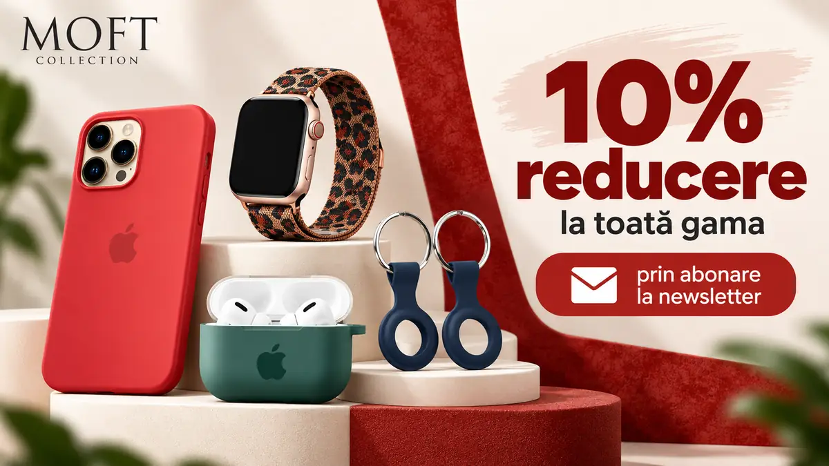 Produse Moft Collection: husă roșie, curea Apple Watch, husă AirPods și accesorii AirTag, cu 10% reducere.