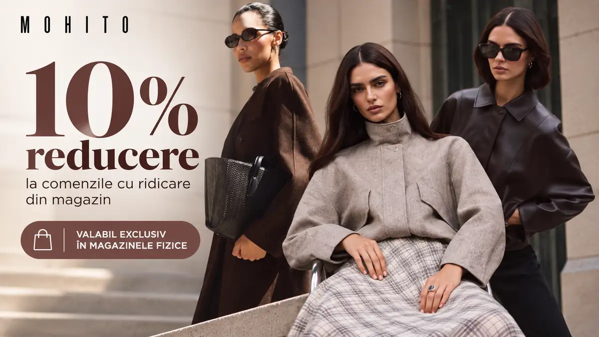 Reclamă Mohito cu trei modele în ținute de toamnă și text „10% reducere la comenzile cu ridicare din magazin”.