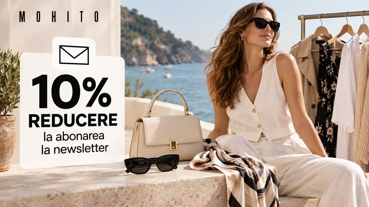 Femeie în ținută albă, haine și accesorii Mohito, cu mesajul 10% reducere la abonarea la newsletter.