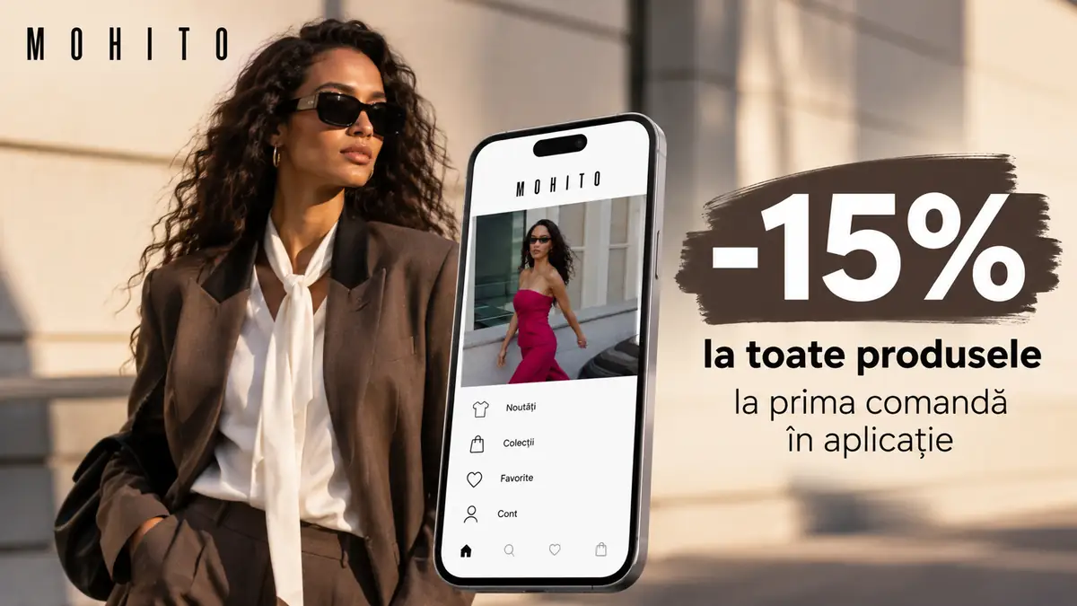 Femeie elegantă lângă un telefon cu aplicația Mohito și mesajul -15% la prima comandă în aplicație.