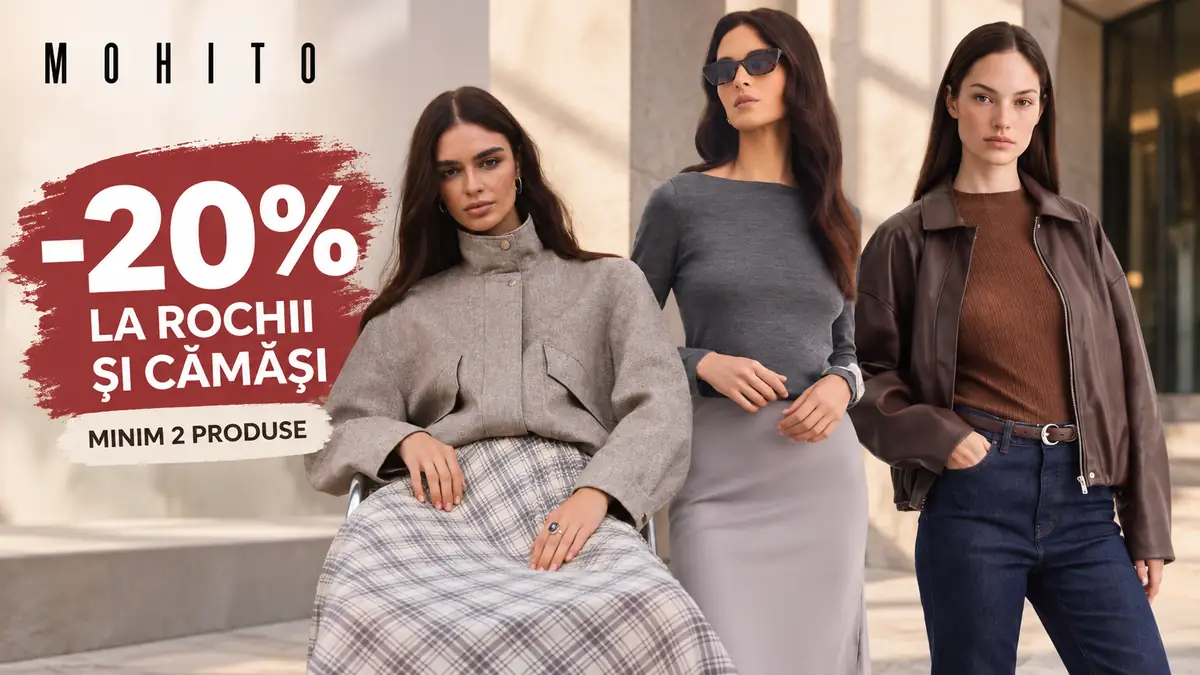 Trei modele Mohito poartă ținute elegante, alături de textul „-20% la rochii și cămăși, minim 2 produse”.