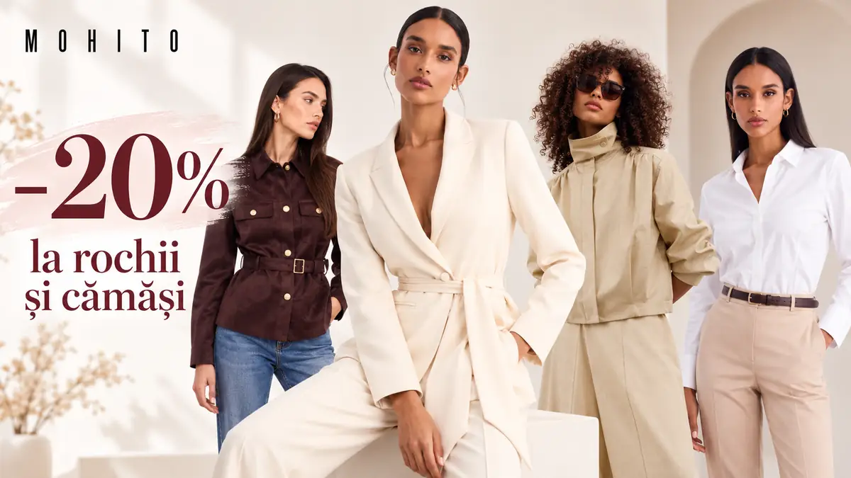 Patru modele poartă ținute elegante Mohito, alături de mesajul „-20% la rochii și cămăși”.