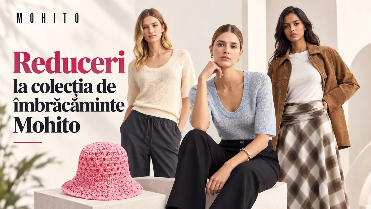 Trei modele poartă ținute Mohito, alături de o pălărie roz, pe fundal deschis cu mesaj despre reduceri.