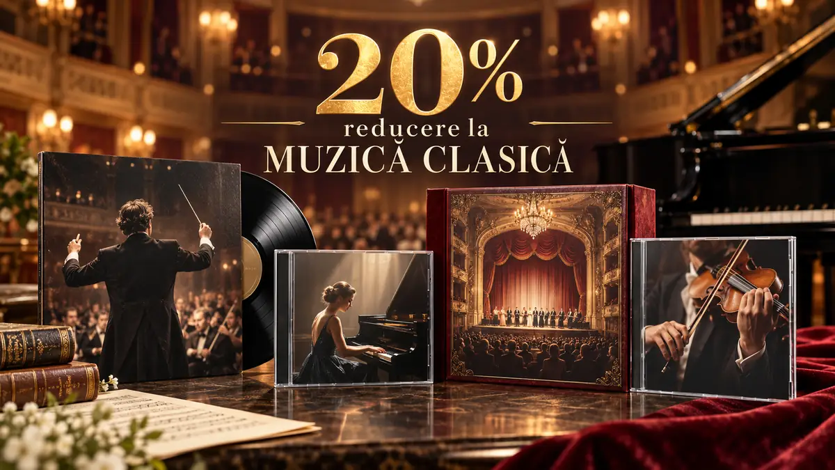 Promo Cărturești cu „20% reducere la muzică clasică”, discuri și CD-uri pe fundal de sală de concert.