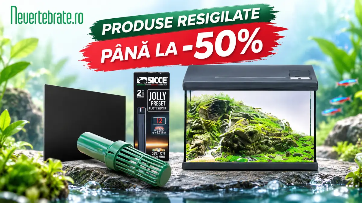 Acvariu plantat, accesorii Nevertebrate și cutie SICCE, cu mesaj „Produse resigilate, până la -50%”.