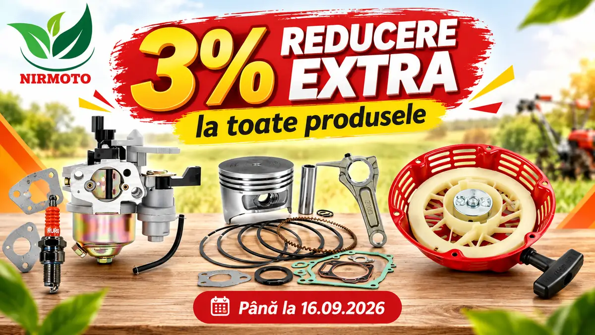 Piese Nirmoto pentru utilaje, cu carburator, piston și demaror, promovând 3% reducere extra la toate produsele.