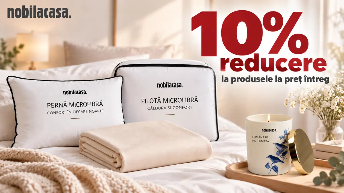 Dormitor elegant cu pernă, pilotă, pătură și lumânare Nobila Casa, alături de textul 10% reducere.