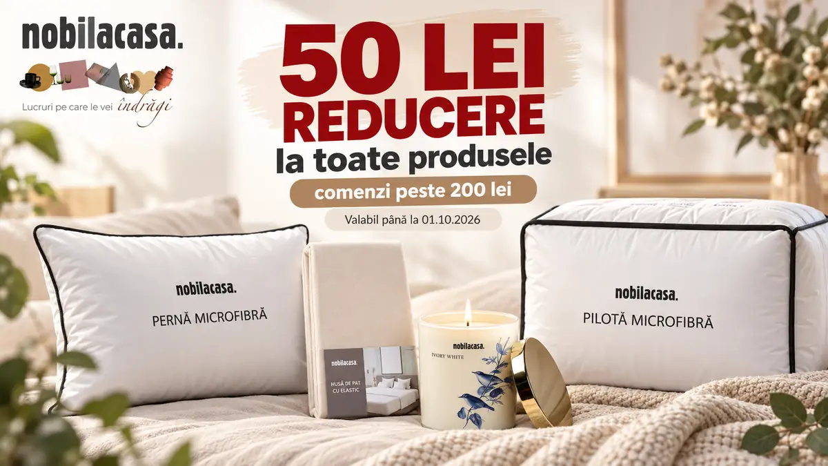 Reducere 50 lei la Nobila Casa, cu pernă, pilotă, husă de pat și lumânare într-un decor cald.