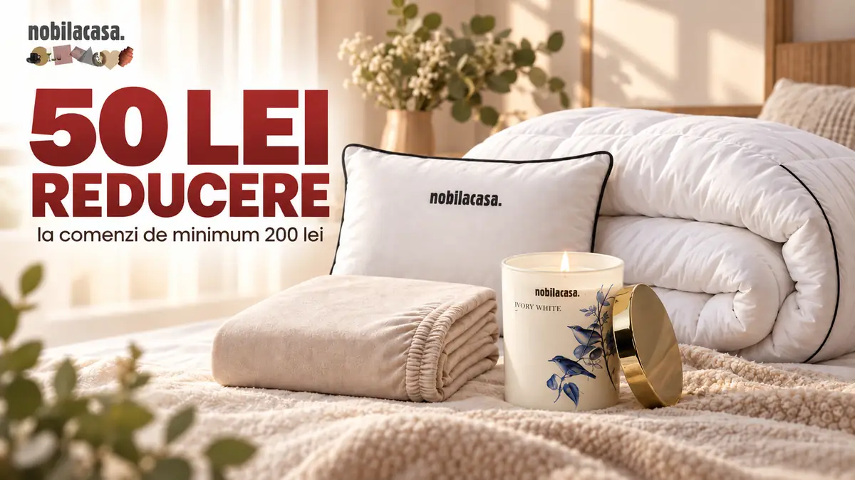 Produse Nobila Casa pentru dormitor, cu pernă, pilotă, cearșaf și lumânare, alături de reducere de 50 lei.