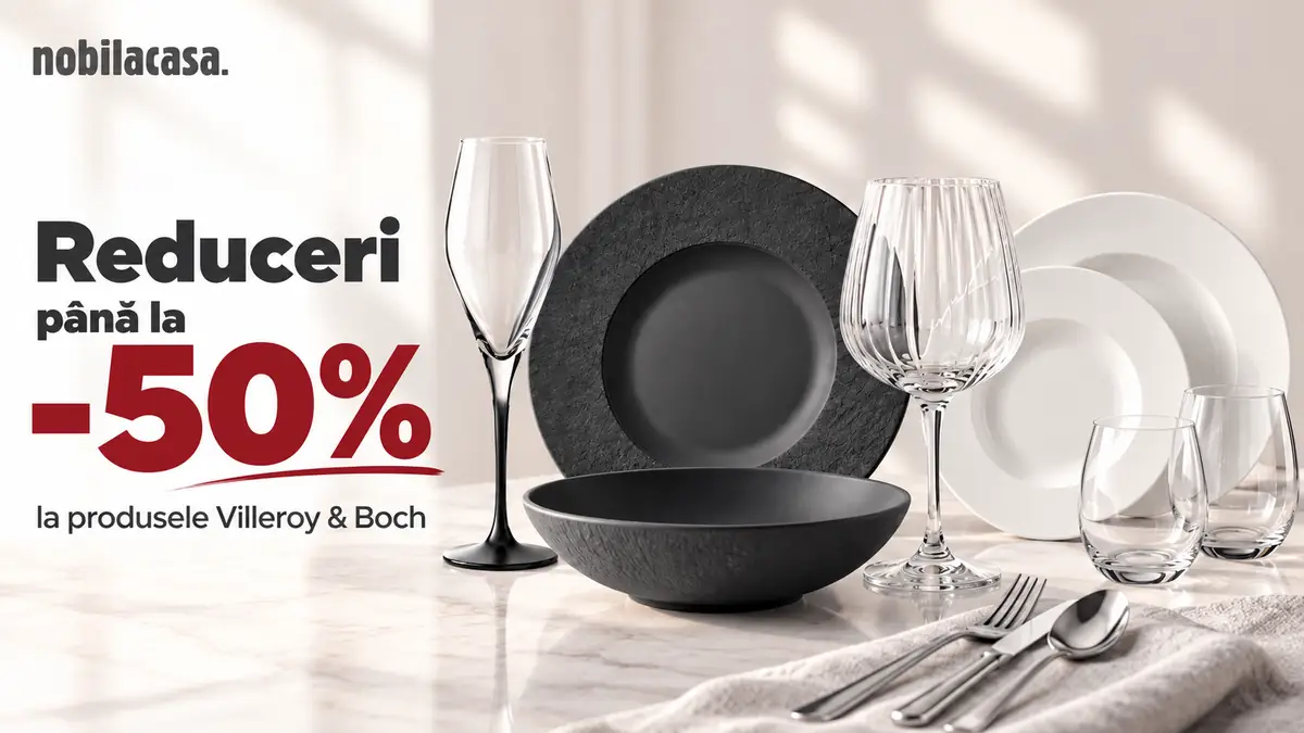 Banner Nobila Casa cu reducere de până la 50%, veselă neagră și albă, pahare și tacâmuri elegante.