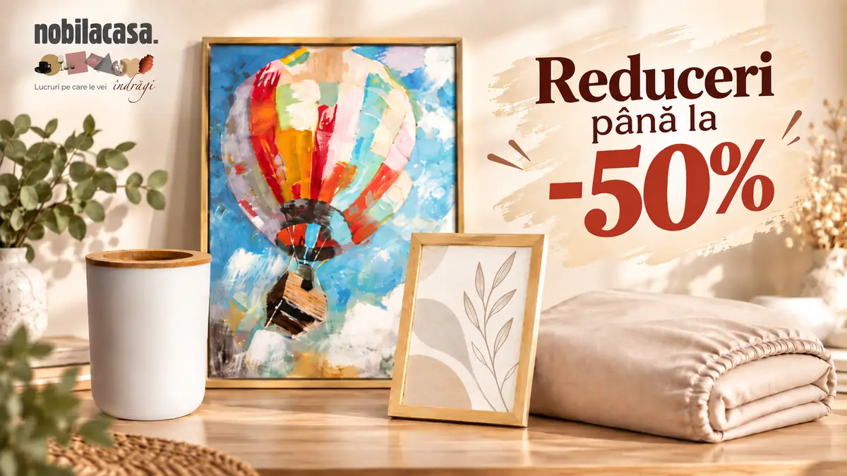 Reduceri de până la 50% la Nobila Casa, cu tablou, ramă foto, suport decorativ și lenjerie bej.