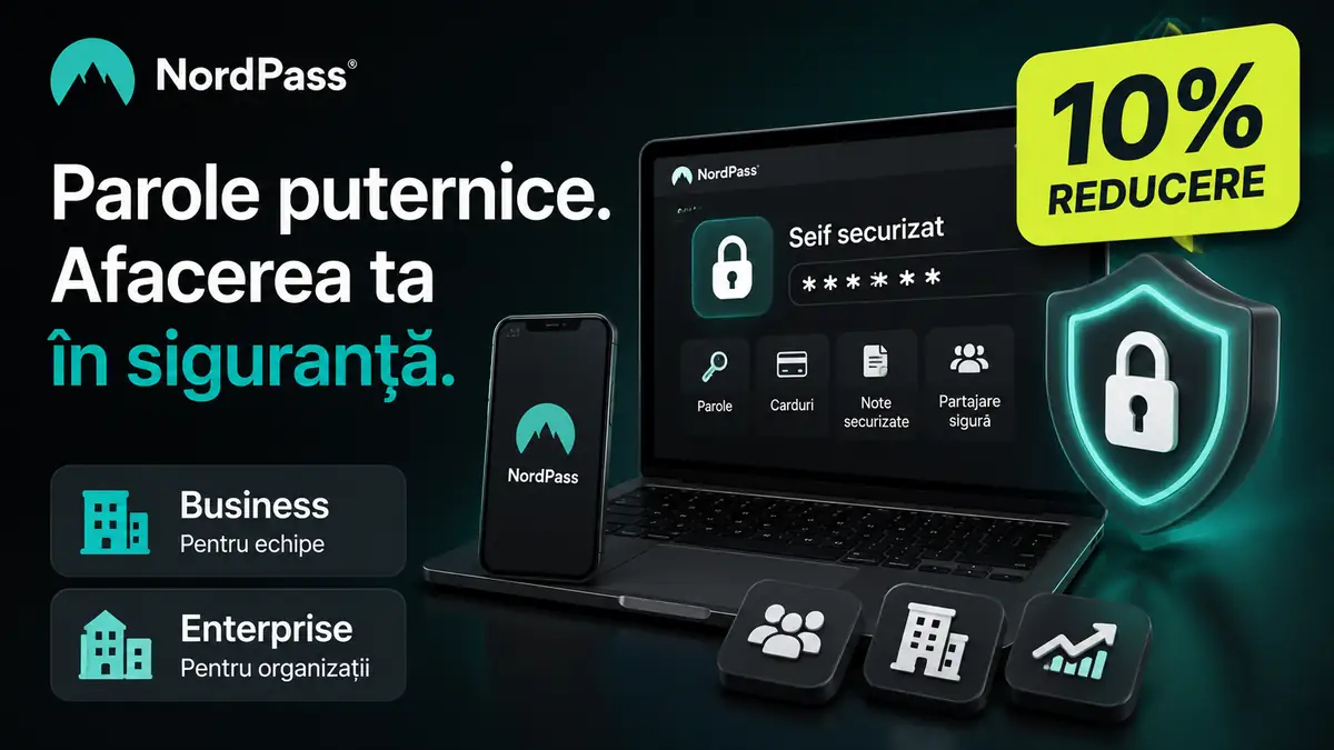 Banner NordPass cu laptop, telefon, simbol de securitate și etichetă mare „10% reducere”.