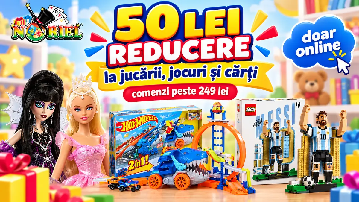 Banner Noriel cu păpuși, set Hot Wheels și LEGO, promovând 50 lei reducere la comenzi online peste 249 lei.