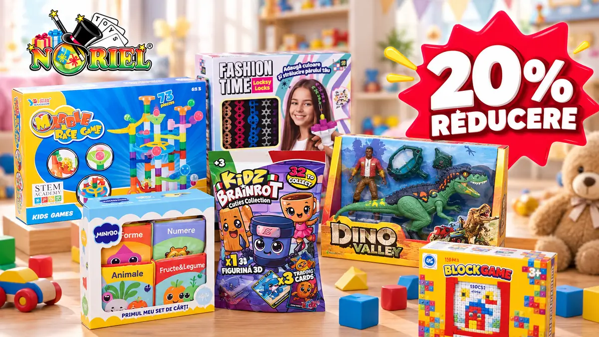 Jucării Noriel colorate pe masă, cu seturi educative, dinozaur și mesaj mare „20% reducere”.