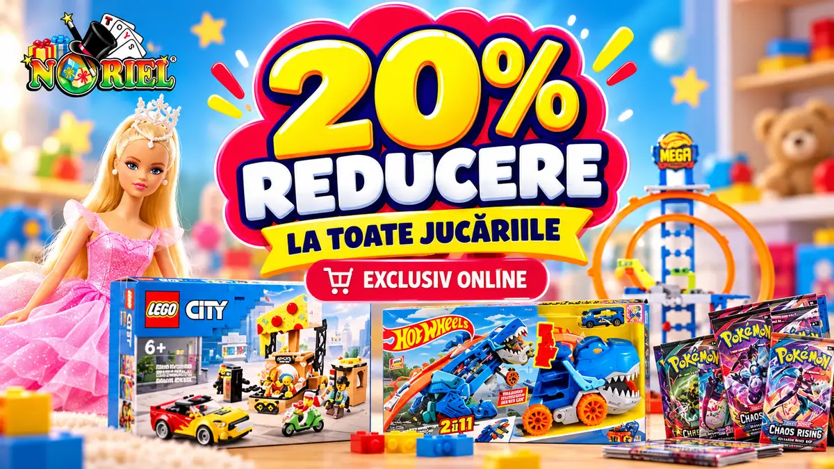 Banner Noriel cu 20% reducere la jucării, păpușă prințesă, LEGO City, Hot Wheels și cărți Pokémon.