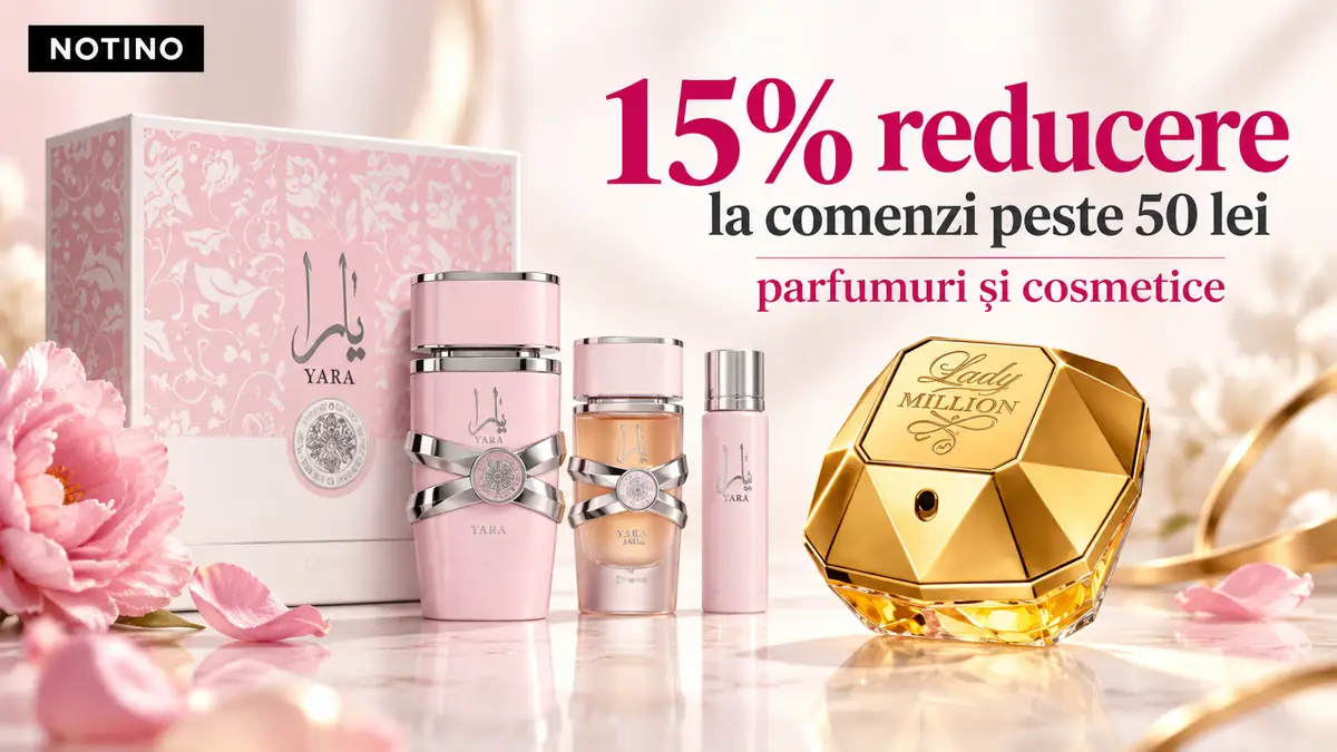 Produse Yara și parfumul Lady Million, cu logo Notino și textul 15% reducere la comenzi peste 50 lei.
