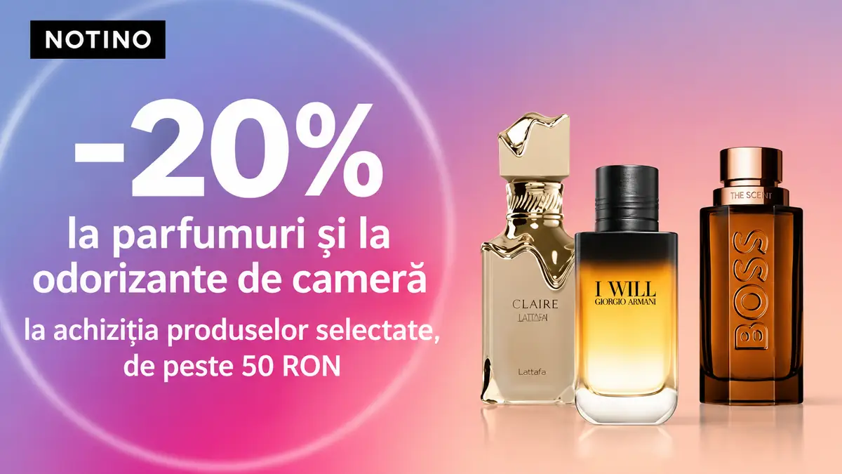Reducere de 20% la parfumuri și odorizante de cameră, cu trei sticle de parfum pe fundal roz-mov.
