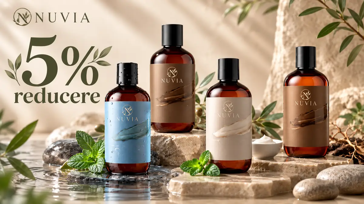 Patru produse Nuvia Beauty în sticle maro, pe pietre naturale, cu frunze verzi și mesajul „5% reducere”.