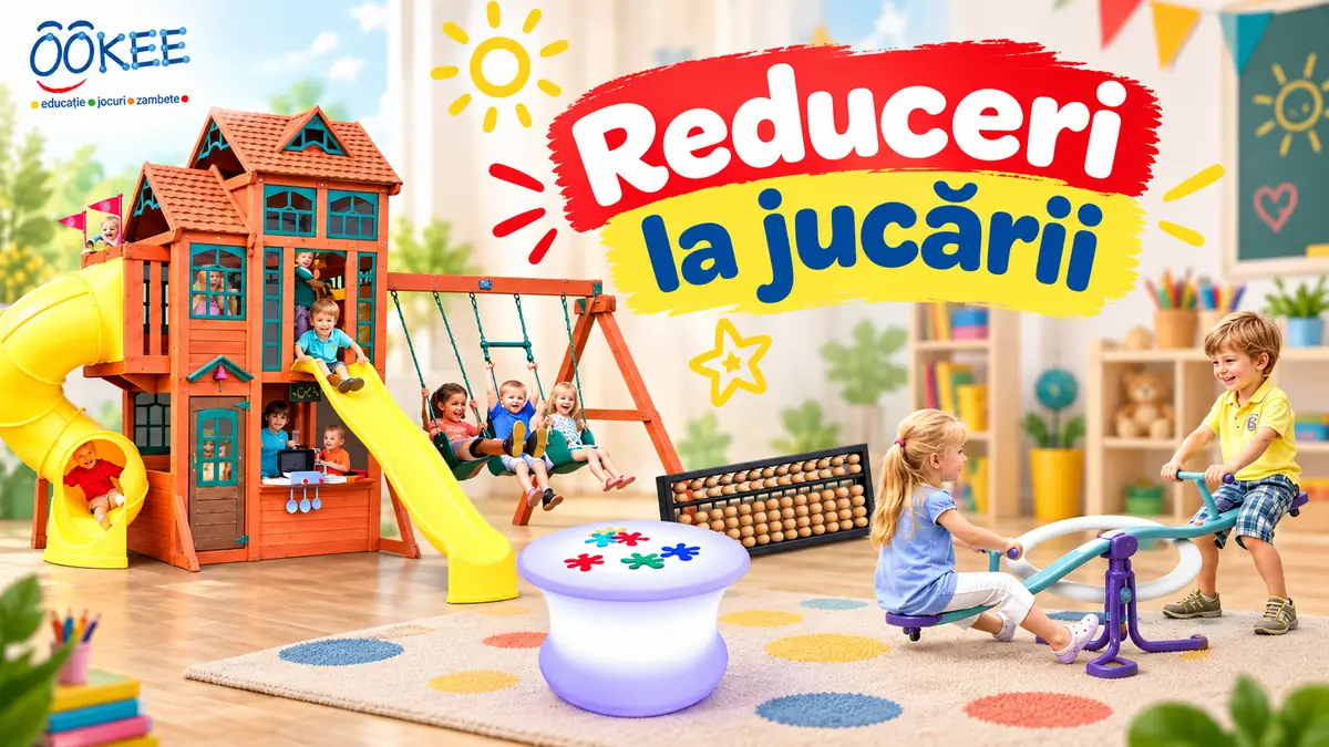 Promoție Ookee cu loc de joacă, masă educativă, abac și balansoar, alături de copii.