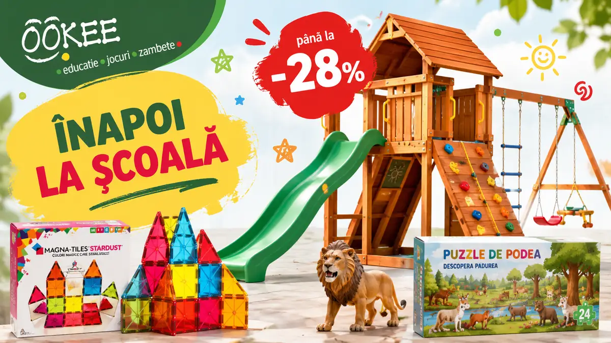 Promoție Ookee Back to School cu loc de joacă din lemn, joc magnetic, puzzle și jucării educative pentru copii.