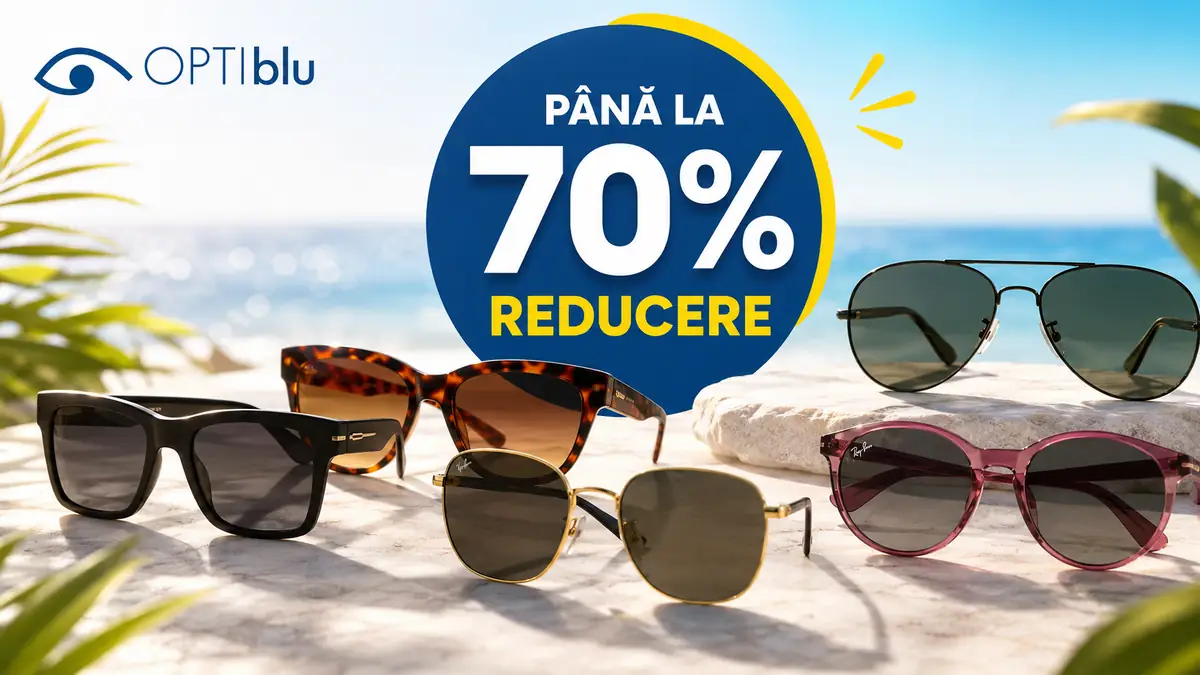 Ochelari de soare Optiblu în mai multe stiluri, cu mesaj promoțional „Până la -70%”, pe fundal luminos de vară.
