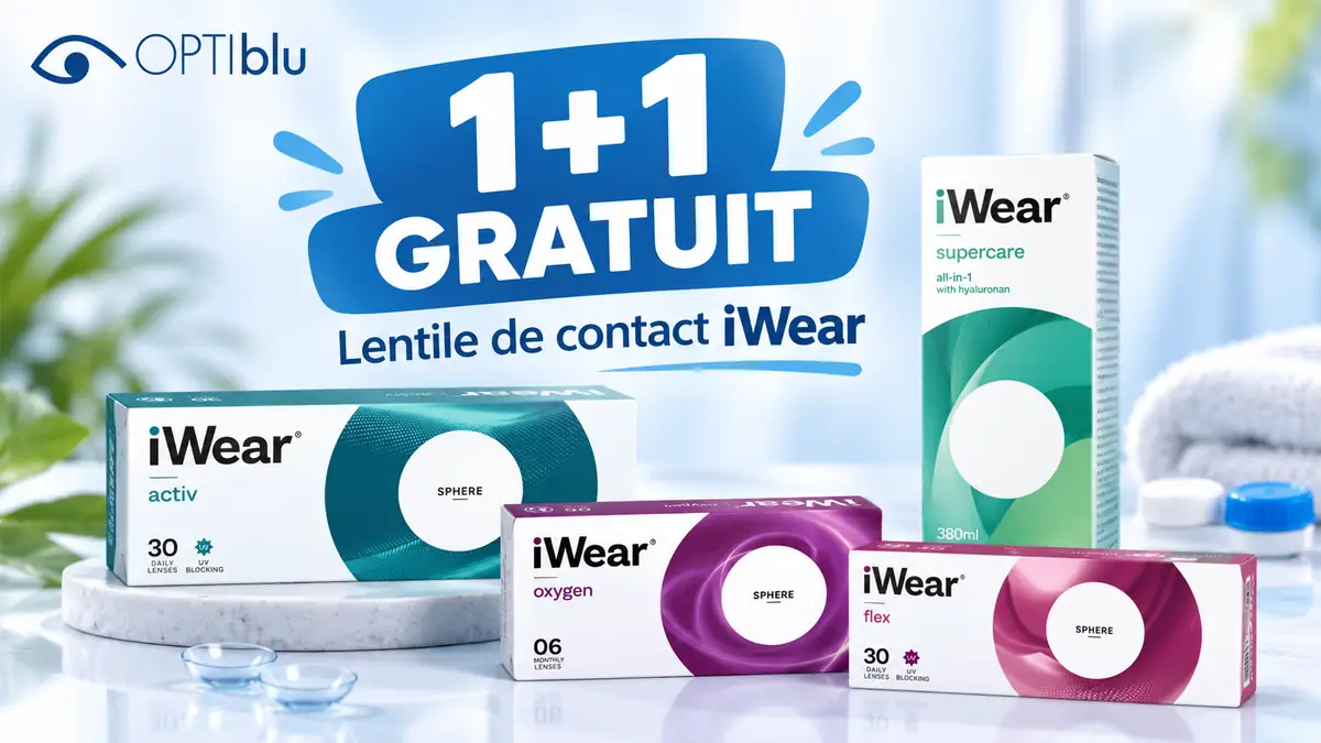Produse iWear pentru lentile de contact, cu oferta 1+1 gratuit și logo Optiblu, pe fundal albastru deschis.