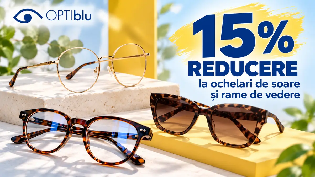 Ochelari de vedere și de soare Optiblu, alături de mesajul „15% reducere”, pe fundal luminos.