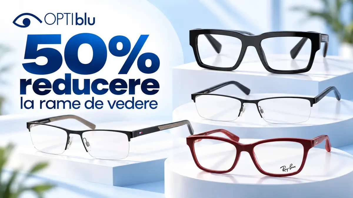 Patru rame de ochelari Optiblu pe fundal alb-albastru, alături de textul „50% reducere la rame de vedere”.
