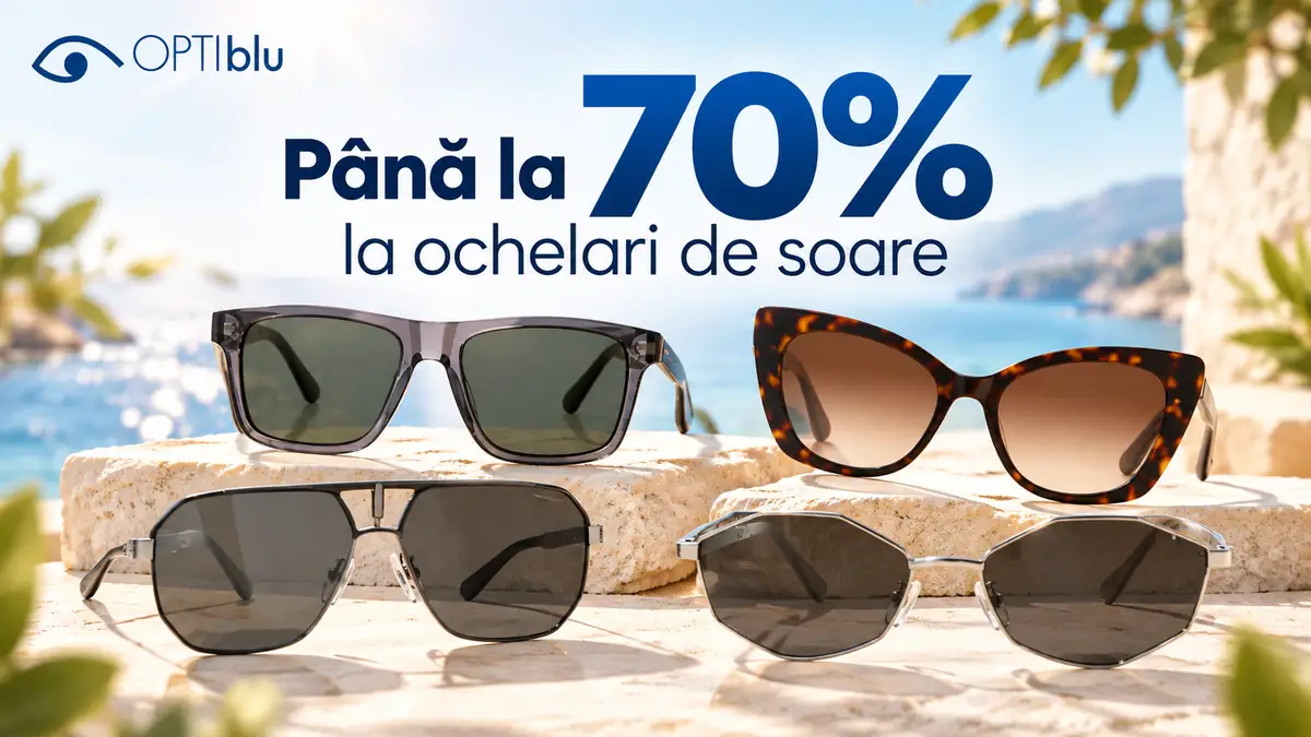 Patru perechi de ochelari de soare Optiblu pe fundal de vară, cu mesajul „Până la 70%”.