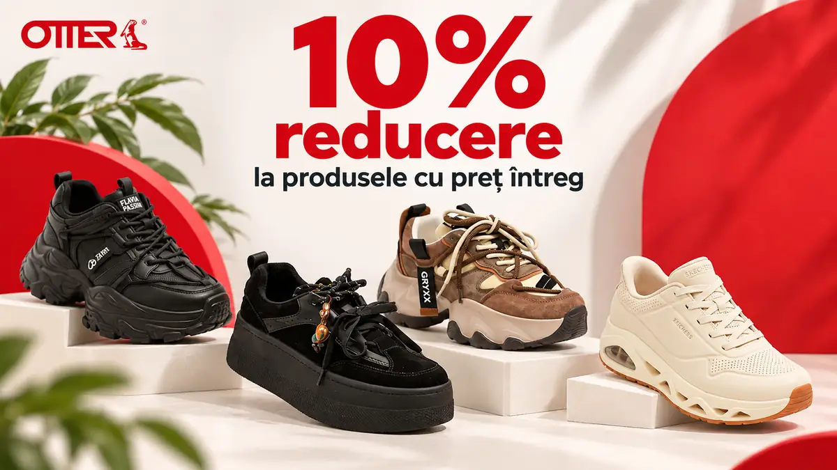 Patru perechi de pantofi sport Otter, cu text mare „10% reducere la produsele cu preț întreg”.