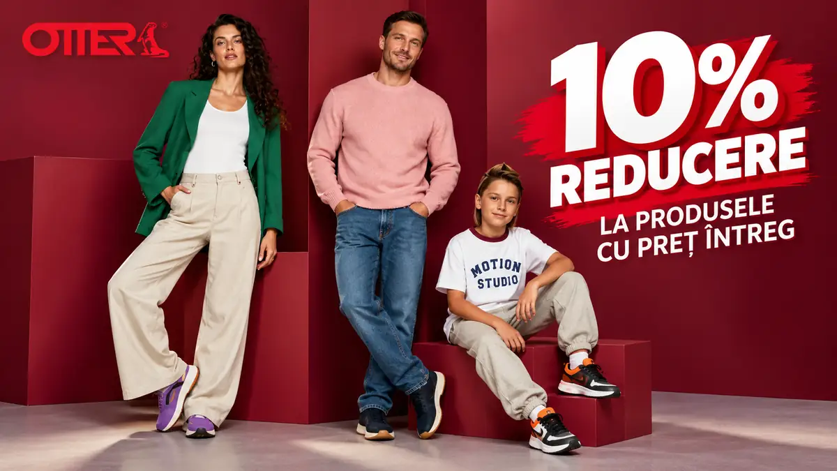 Reducere 10% la Otter, cu trei modele în ținute casual pentru femei, bărbați și copii, pe fundal vișiniu.