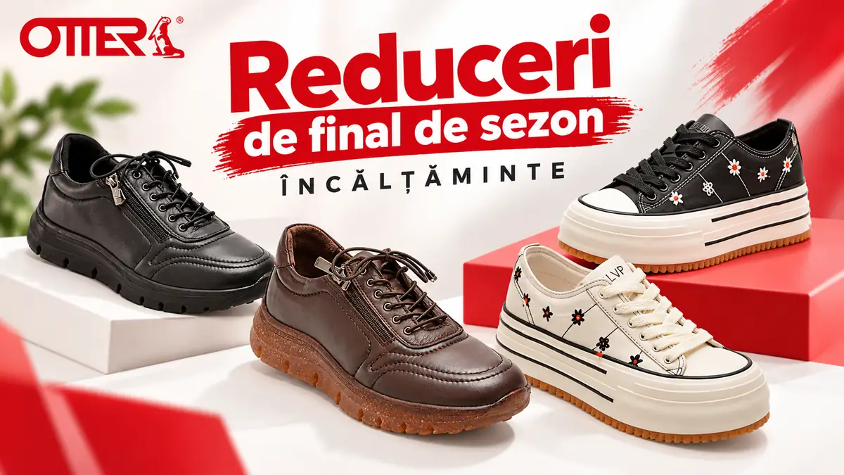 Patru modele de încălțăminte Otter, negre, maro și albe, prezentate pe fundal alb-roșu cu mesaj de reduceri.