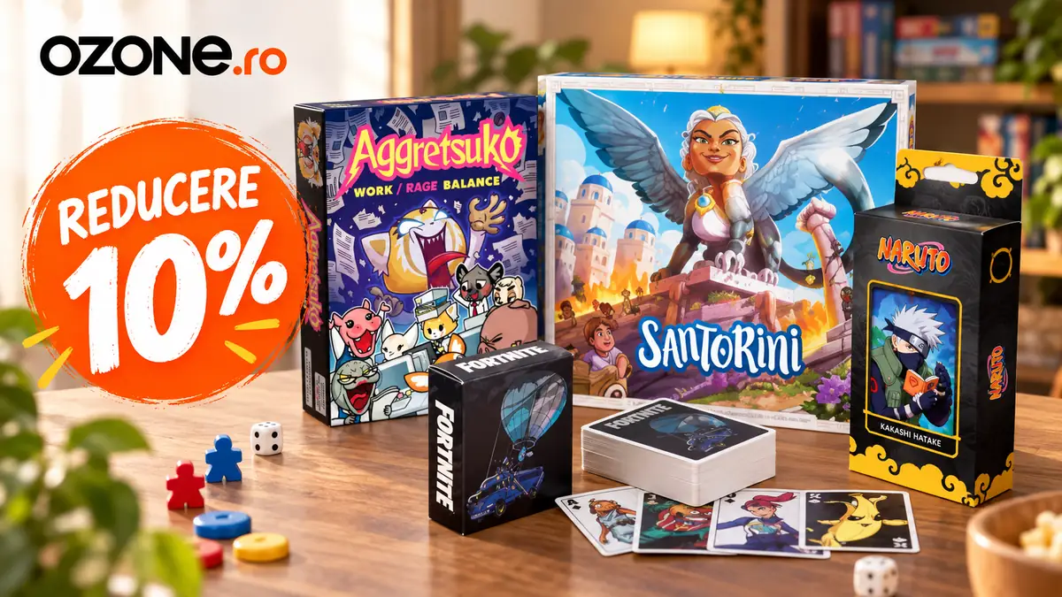 Jocuri de societate Ozone pe masă, cu reducere 10%, inclusiv Aggretsuko, Santorini, Naruto și Fortnite.