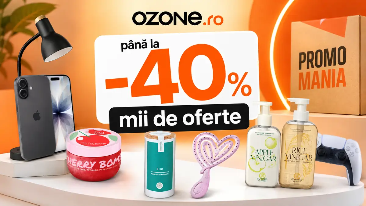 Banner Ozone PromoMania cu reduceri de până la 40%, smartphone, cosmetice, lampă, perie și controller.