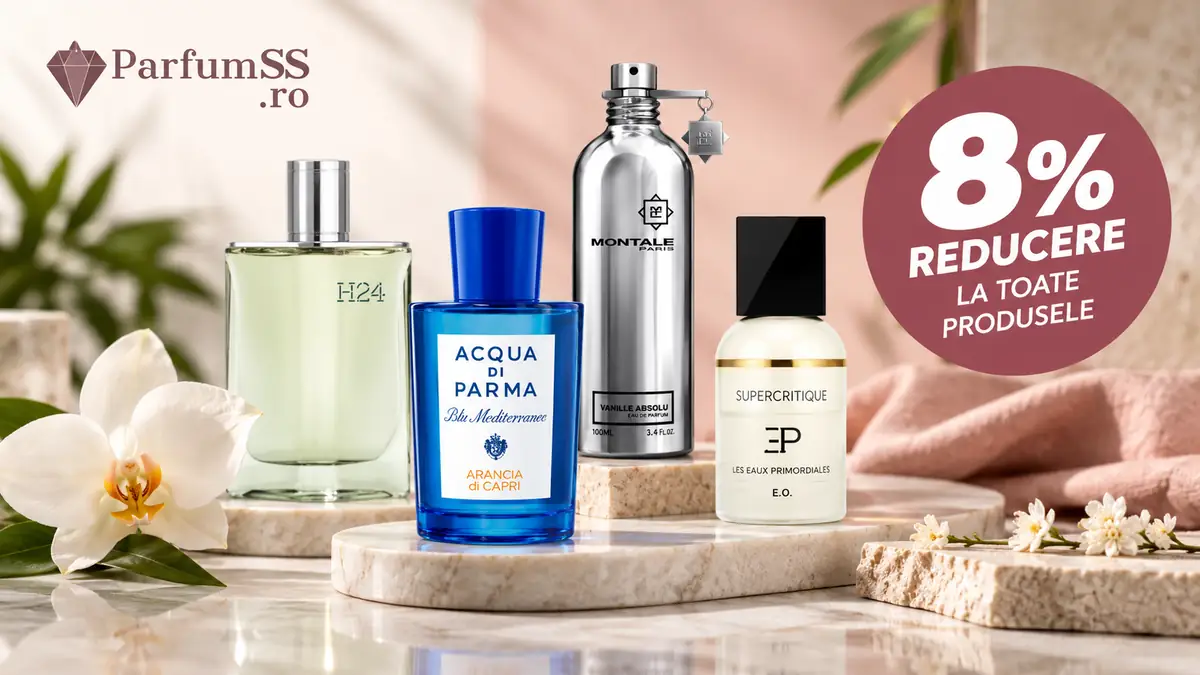 Patru parfumuri pe decor elegant cu flori, logo ParfumSS.ro și mesajul 8% reducere la toate produsele.