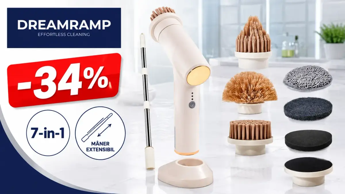 Perie electrică multifuncțională Dreamramp 7-în-1 cu mâner extensibil și accesorii, la 34% reducere.